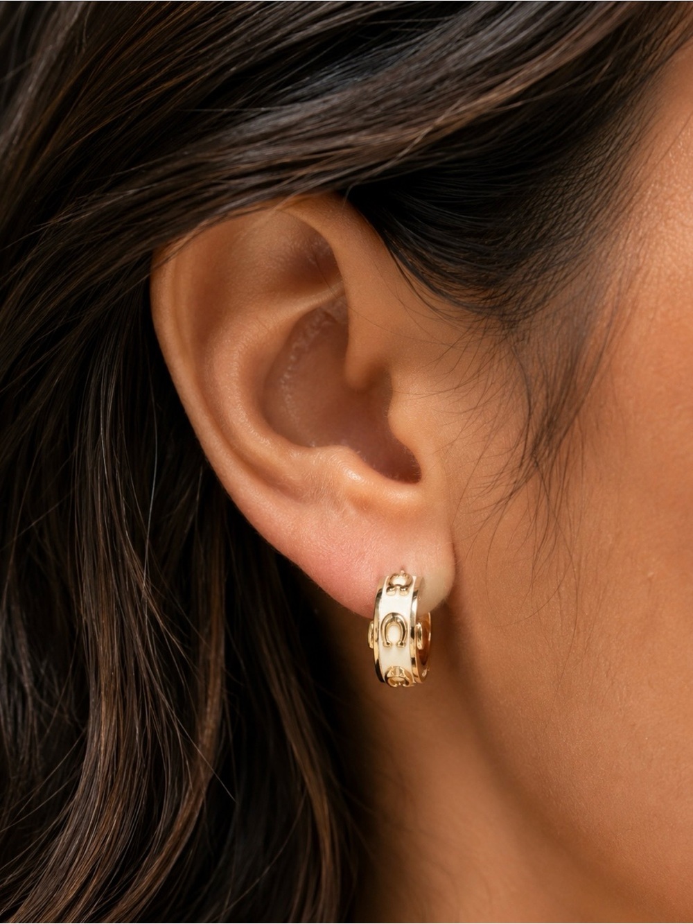 Coach Cream Enamel Gold Tone Signature C Hoop Earrings | Classic Luxury